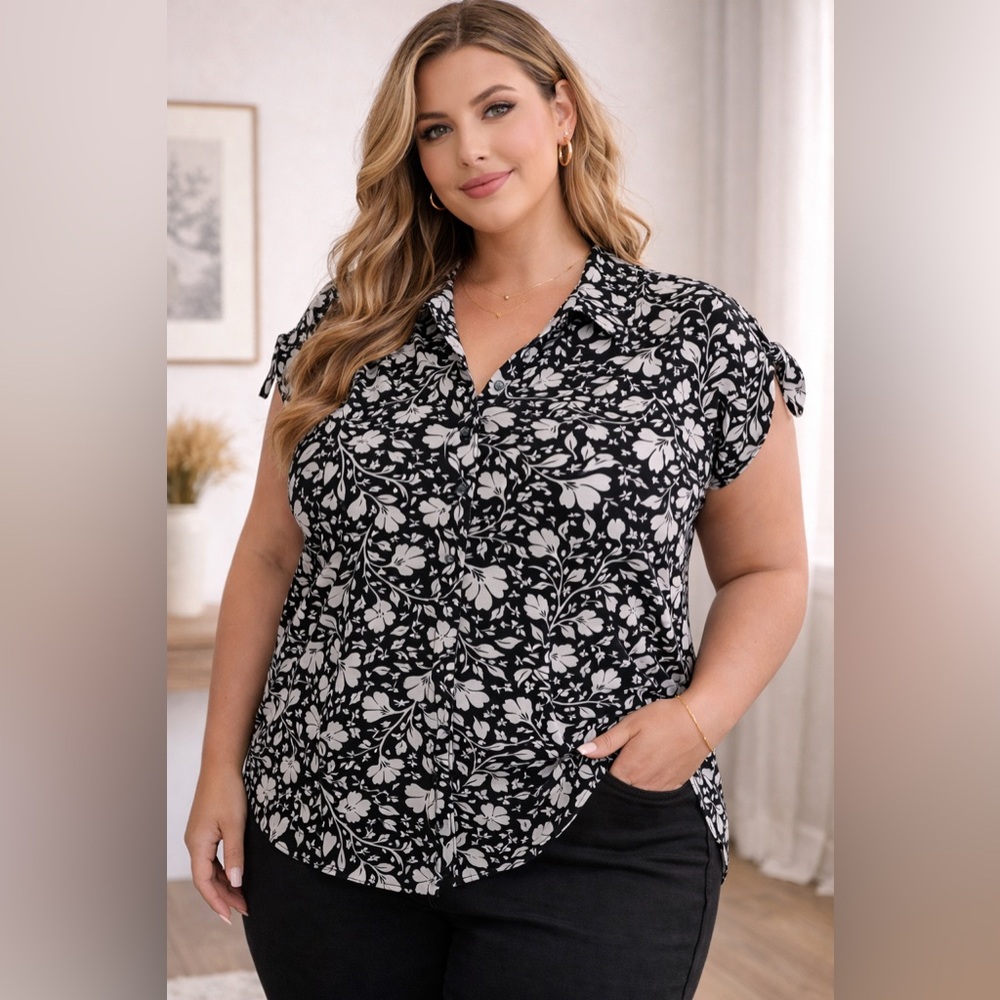 Adrienne Vittadini Black White Floral Blouse 2X